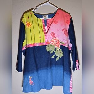 Sandy Starkman Top XL Floral Applique Embellished Wearable Art Whimsical